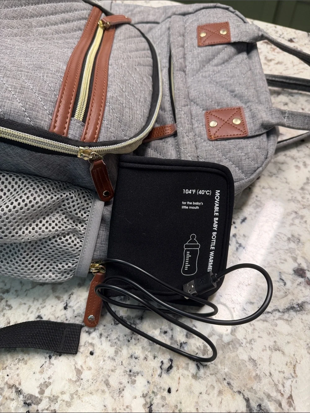 Gray Quilted Diaper bag with bottle warmer